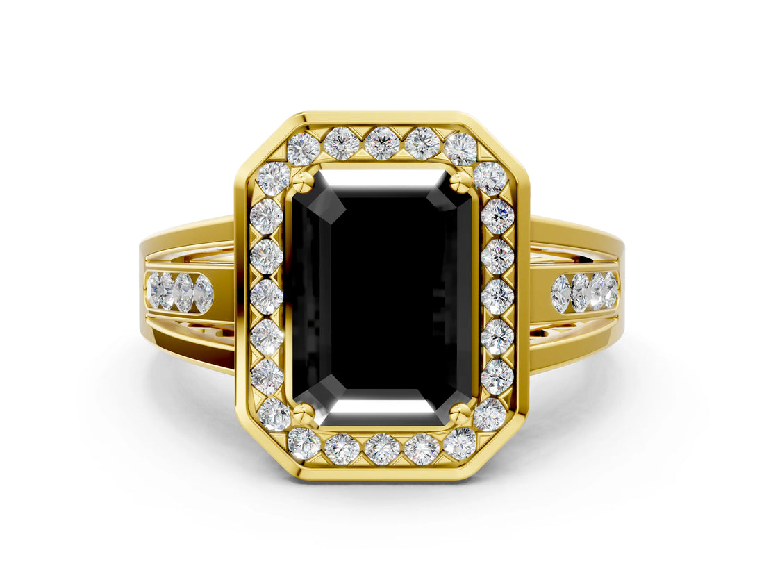 Yellow gold Fancy Black Emerald Cut Diamond Halo Ring with Split Shank and Bezel Accents and Prong Setting