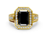 Yellow gold Fancy Black Emerald Cut Diamond Halo Ring with Split Shank and Bezel Accents and Prong Setting