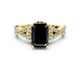 Yellow gold Fancy Black Emerald Cut Diamond  Halo Twist Band Solitaire Prong Setting Ring_12