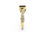 Yellow gold Fancy Black Emerald Cut Diamond Halo Twist Band Solitaire Prong Setting Ring_2