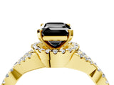 Yellow gold Fancy Black Emerald Cut Diamond Halo Twist Band Solitaire Prong Setting Ring_4