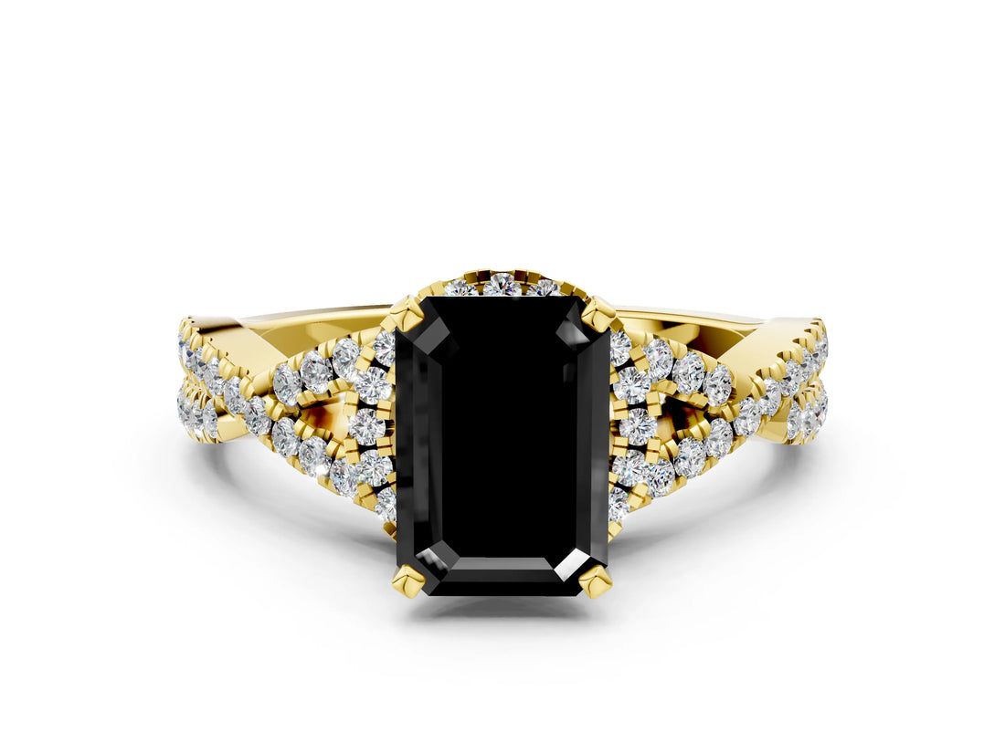 Yellow gold Fancy Black Emerald Cut Diamond  Halo Twist Band Solitaire Prong Setting Ring_42