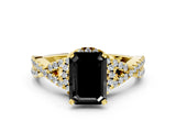 Yellow gold Fancy Black Emerald Cut Diamond  Halo Twist Band Solitaire Prong Setting Ring_42