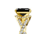 Yellow gold Fancy Black Emerald Cut Diamond Halo Twist Band Solitaire Prong Setting Ring_5