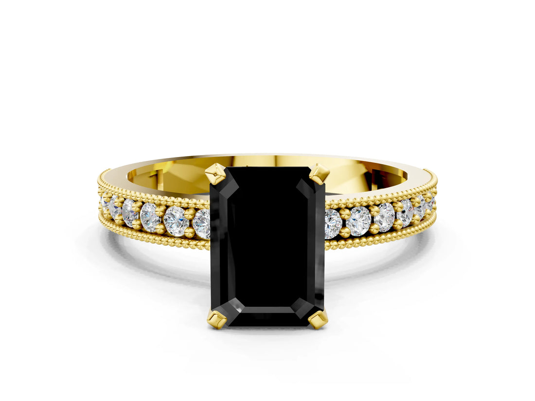 Yellow gold Fancy Black Emerald Cut Diamond Milgrain Pavé Engagement Ring with Four-Prong Setting