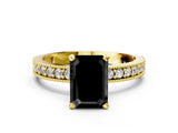 Yellow gold Fancy Black Emerald Cut Diamond Milgrain Pavé Engagement Ring with Four-Prong Setting