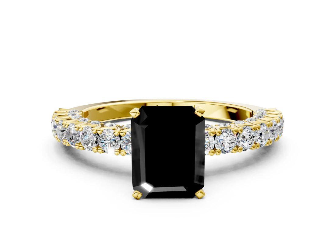 Yellow gold Fancy Black Emerald Cut Diamond Pavé Band Solitaire Ring with Prong Setting_12