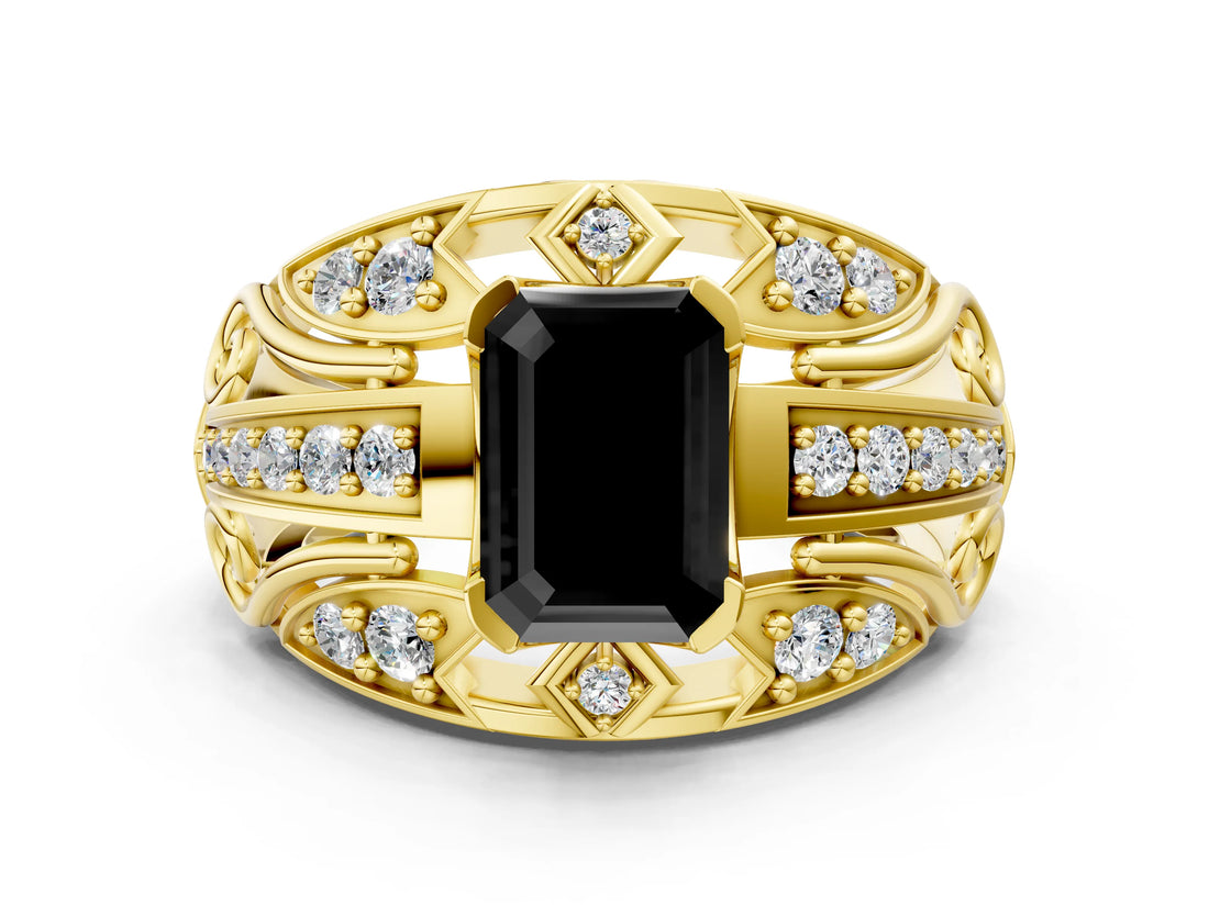 Yellow gold Fancy Black Emerald Cut Diamond Pave Art Deco Split Shank Ring with Four-Prong Setting