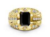 Yellow gold Fancy Black Emerald Cut Diamond Pave Art Deco Split Shank Ring with Four-Prong Setting