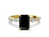 Yellow gold Fancy Black Emerald Cut Diamond Prong Set Engagement Ring with Pave Band
