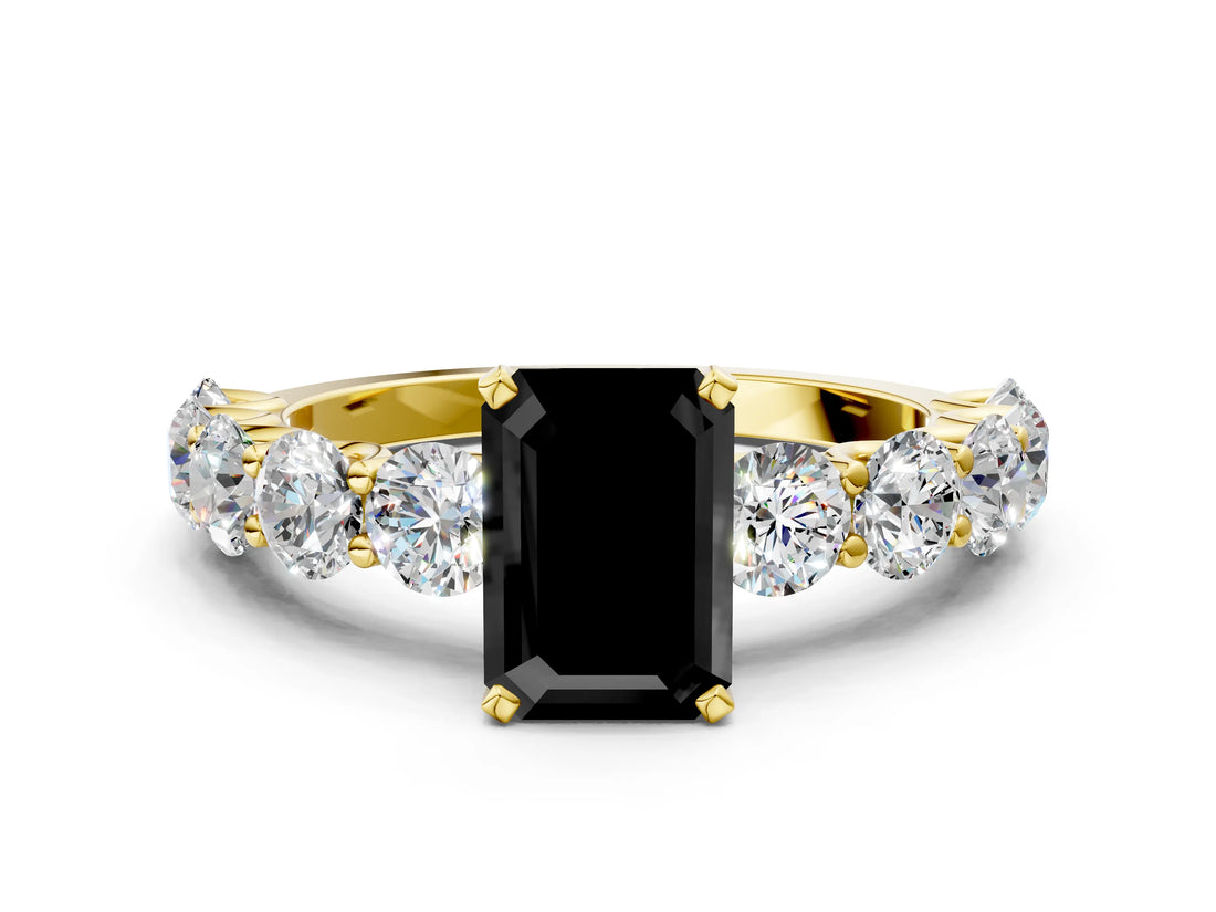 Yellow gold Fancy Black Emerald Cut Diamond Prong Setting with Side Stones on a Pave Band