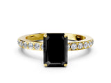 Yellow gold Fancy Black Emerald Cut Diamond Ring with Pavé Band and Four-Prong Setting