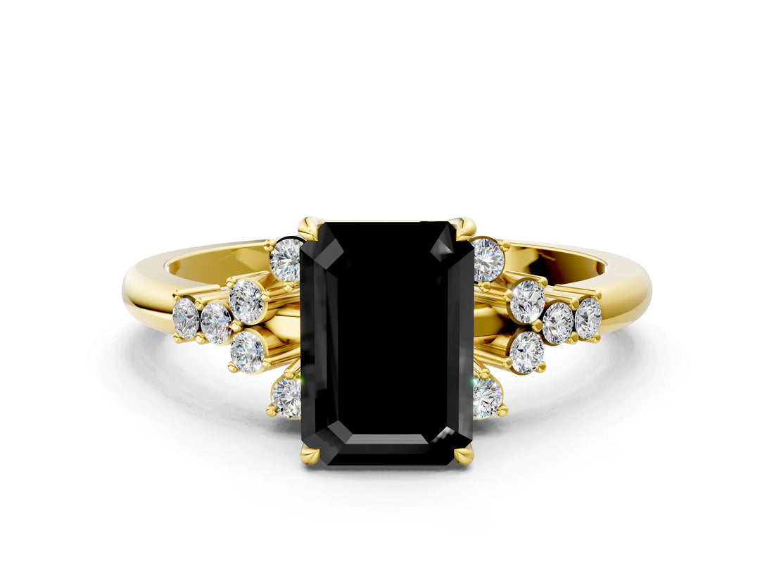 Yellow gold Fancy Black Emerald Cut Diamond Ring with Side Stones and Four-Prong Setting_36