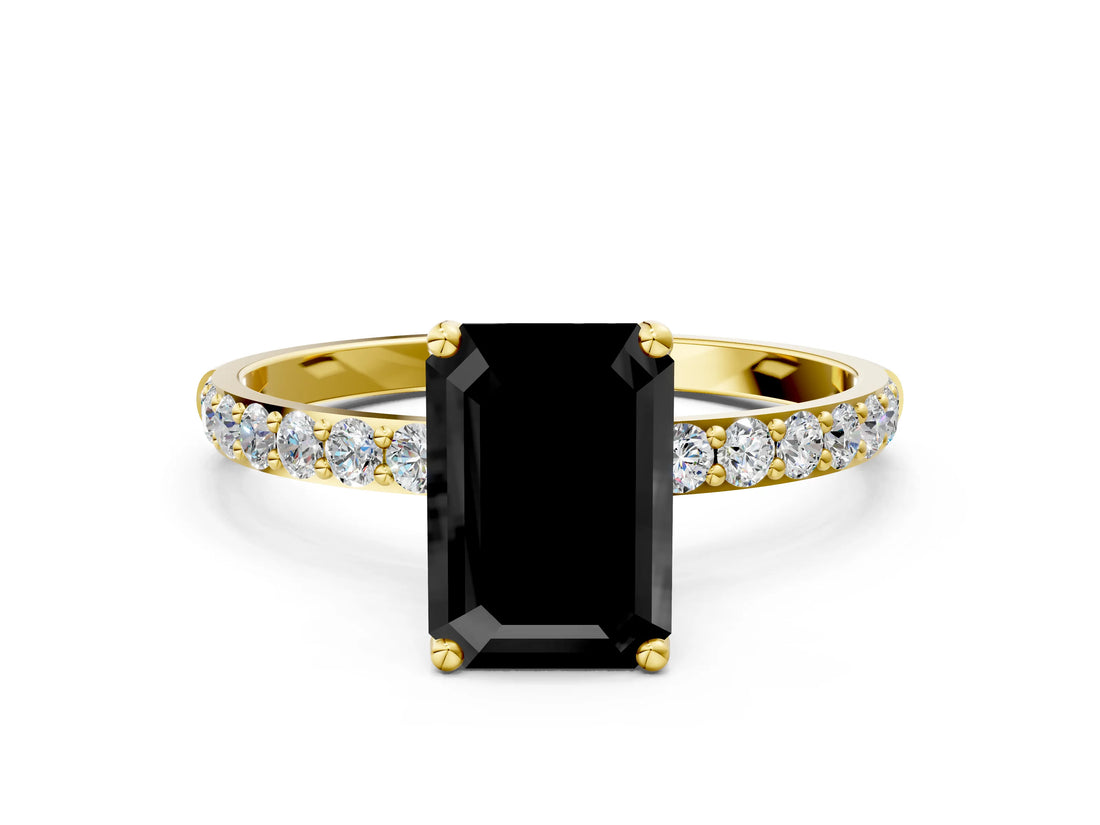 Yellow gold Fancy Black Emerald Cut Diamond Solitaire Engagement Ring with Pavé Band and Prong Setting