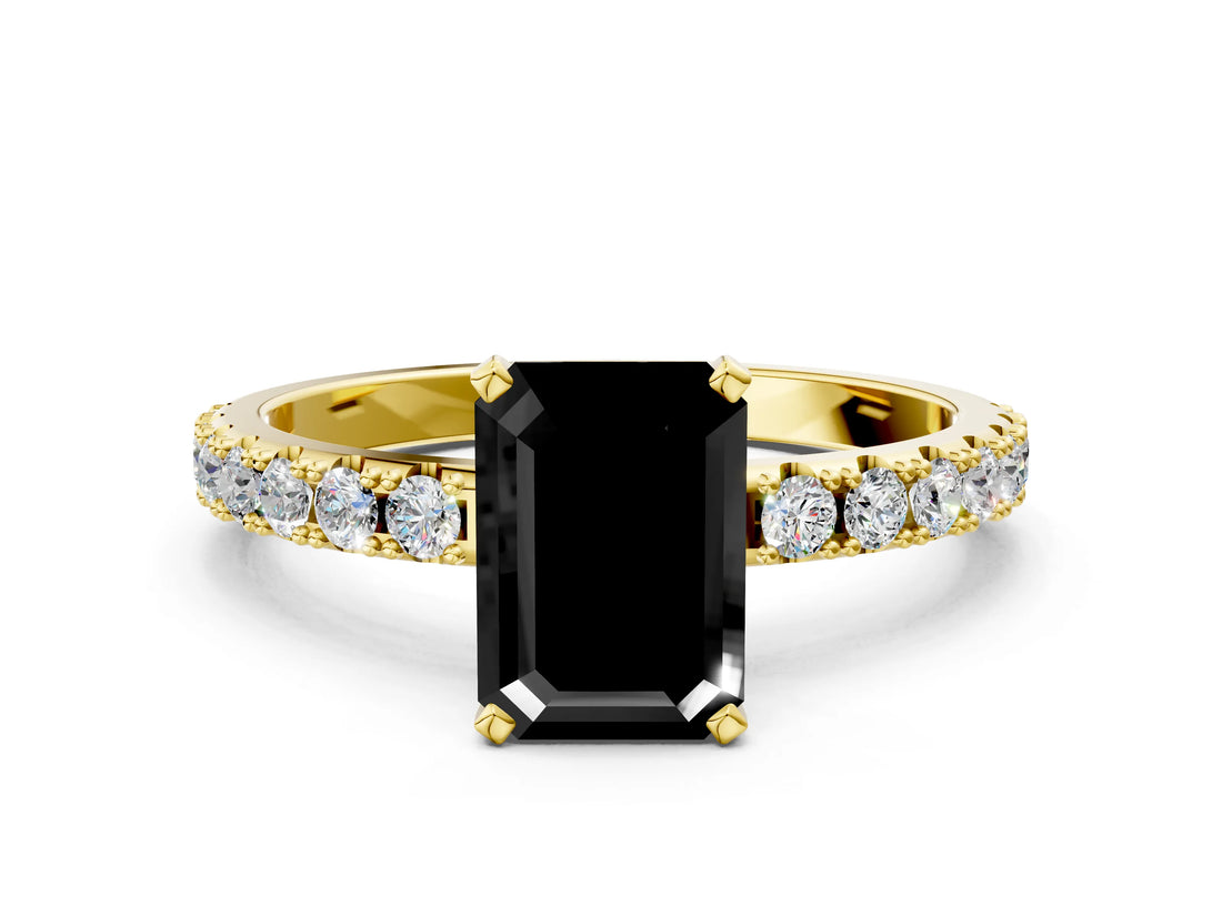 Yellow gold Fancy Black Emerald Cut Diamond Solitaire Pavé Band with Four-Prong Setting