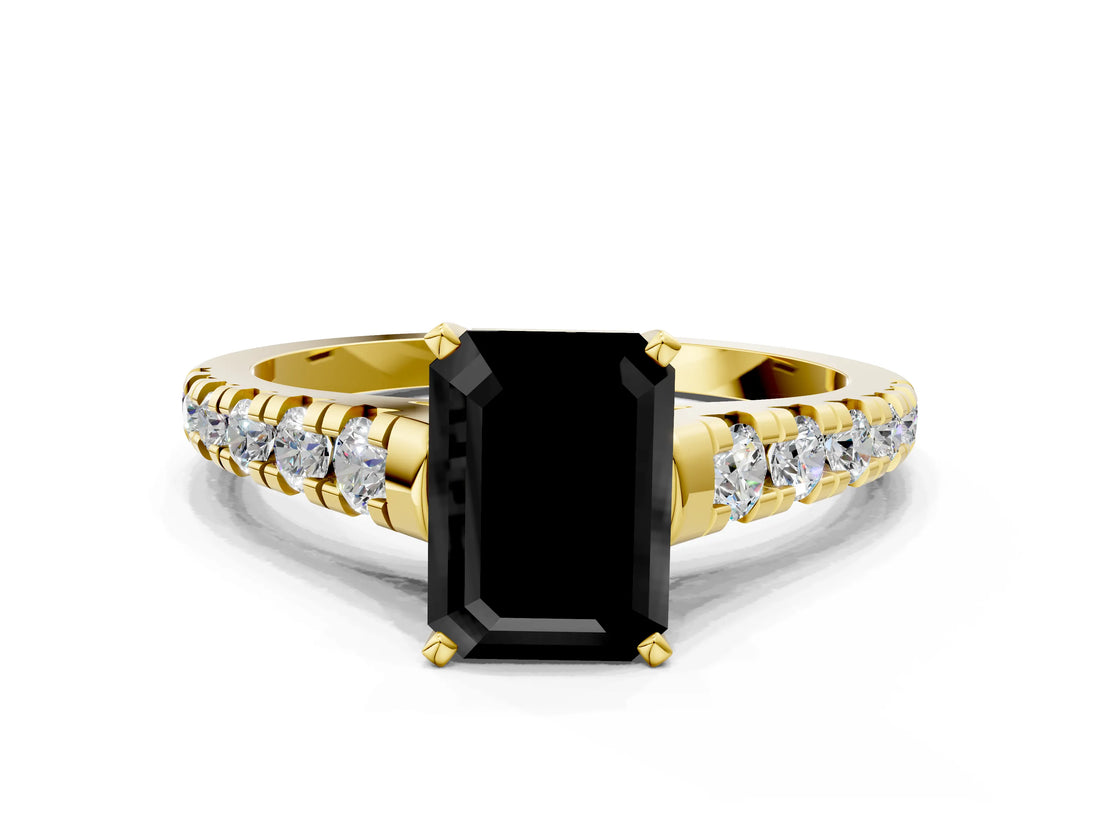 Yellow gold Fancy Black Emerald Cut Diamond Solitaire Ring with Cathedral Setting and Pavé Band