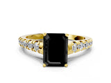 Yellow gold Fancy Black Emerald Cut Diamond Solitaire Ring with Cathedral Setting and Pavé Band