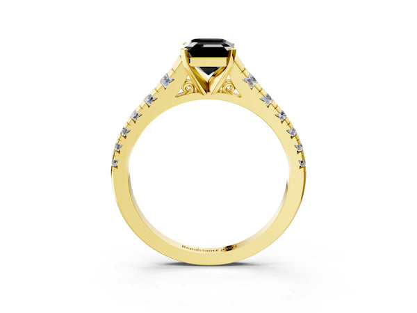 Yellow Gold Emerald Cut Graduated Cathedral Engagement Ring Setting for Black Center