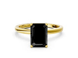 Yellow gold Fancy Black Emerald Cut Diamond Solitaire Ring with Classic Band and Four-Prong Setting