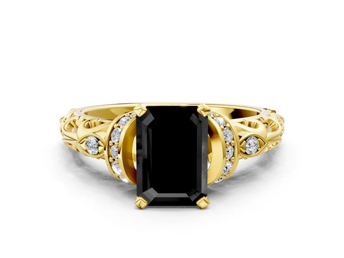 Yellow gold Fancy Black Emerald Cut Diamond Solitaire Ring with Filigree Band and Four-Prong Setting