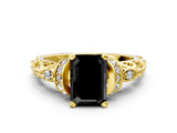 Yellow gold Fancy Black Emerald Cut Diamond Solitaire Ring with Filigree Band and Four-Prong Setting