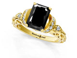 Yellow gold Fancy Black Emerald Cut Diamond Solitaire Ring with Filigree Band and Four-Prong Setting_1