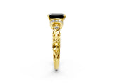 Yellow gold Fancy Black Emerald Cut Diamond Solitaire Ring with Filigree Band and Four-Prong Setting_2