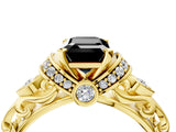 Yellow gold Fancy Black Emerald Cut Diamond Solitaire Ring with Filigree Band and Four-Prong Setting_4