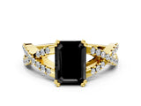 Yellow gold Fancy Black Emerald Cut Diamond Solitaire Ring with Four-Prong Setting and Twisted Pavé Band