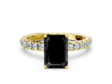 Yellow gold Fancy Black Emerald Cut Diamond Solitaire Ring with Pavé Accents and Four-Prong Setting