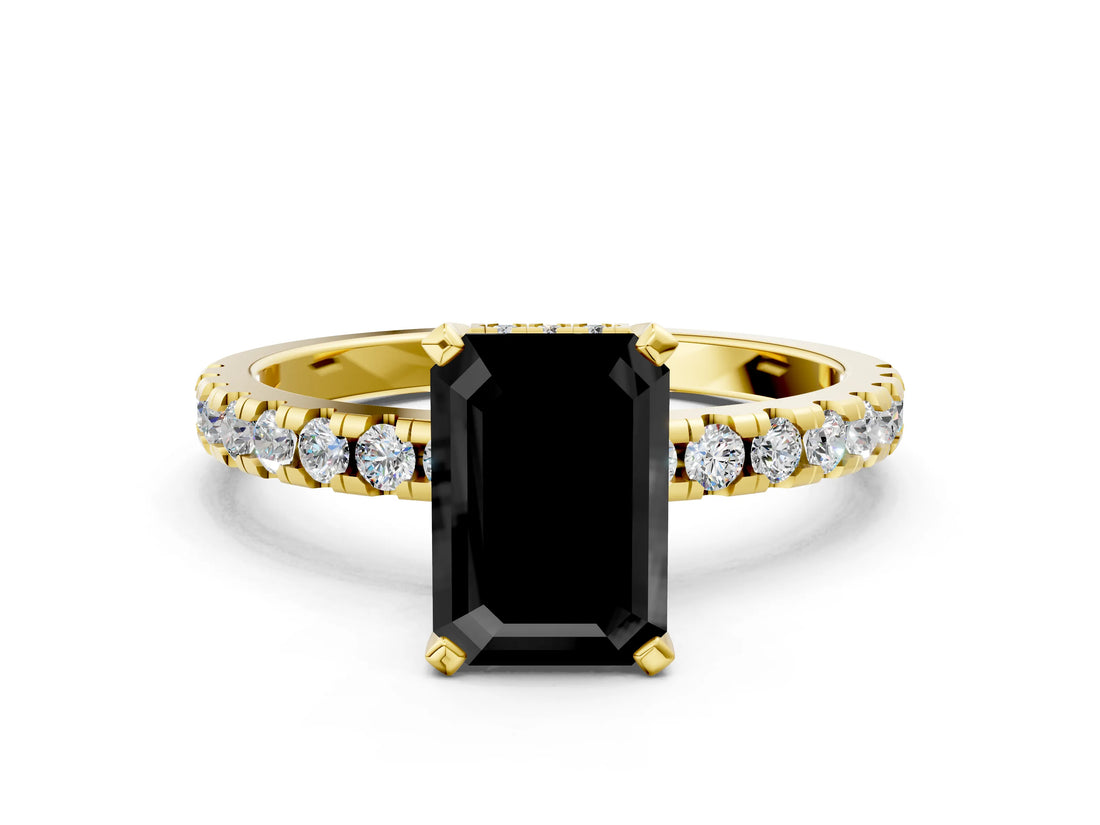 Yellow gold Fancy Black Emerald Cut Diamond Solitaire Ring with Pavé Band and Four-Prong Setting_12