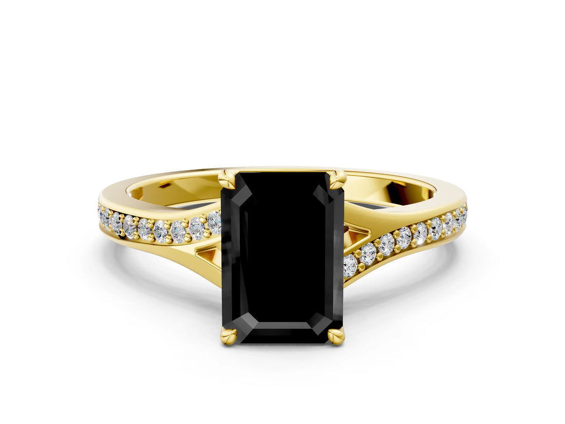 Yellow gold Fancy Black Emerald Cut Diamond Solitaire Ring with Pavé Band and Prong Setting_12