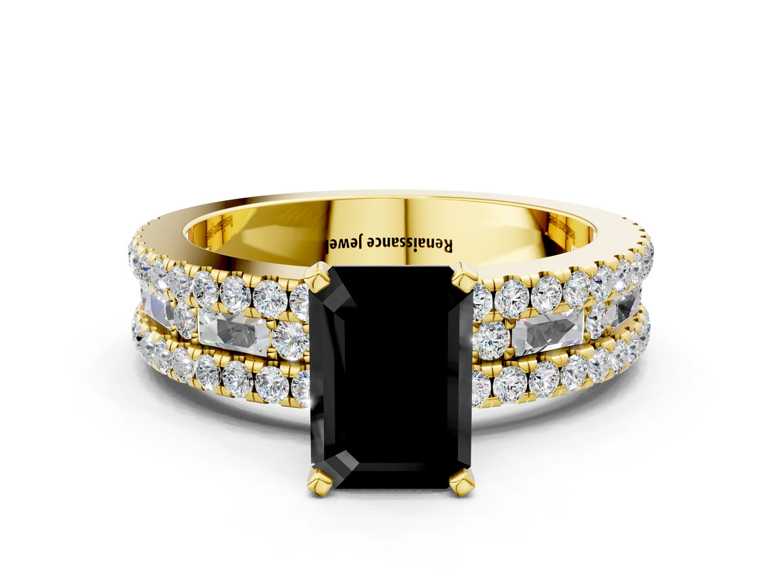 Yellow gold Fancy Black Emerald Cut Diamond Solitaire Ring with Pavé and Channel Set Band