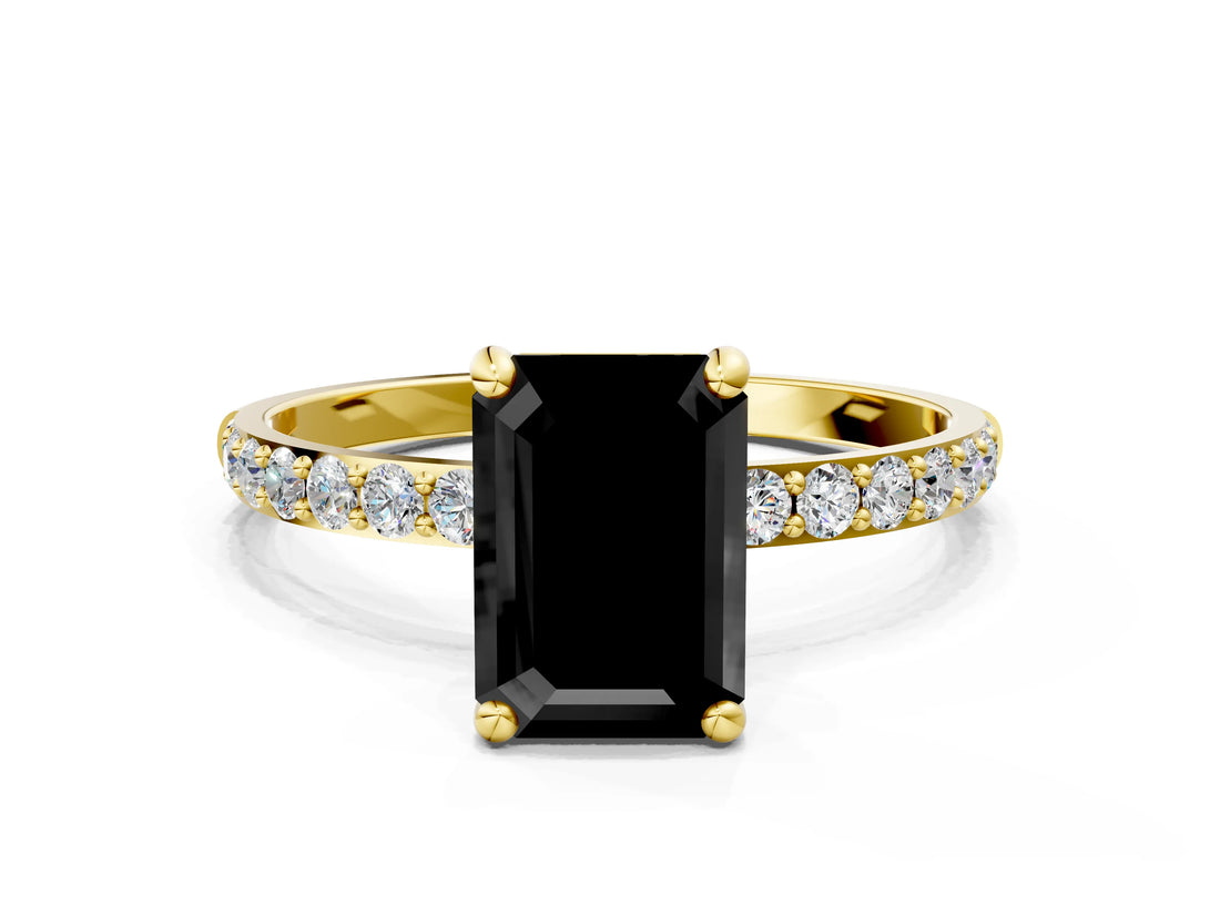 Yellow gold Fancy Black Emerald Cut Diamond Solitaire Ring with Pave Band and Four Prong Setting_12