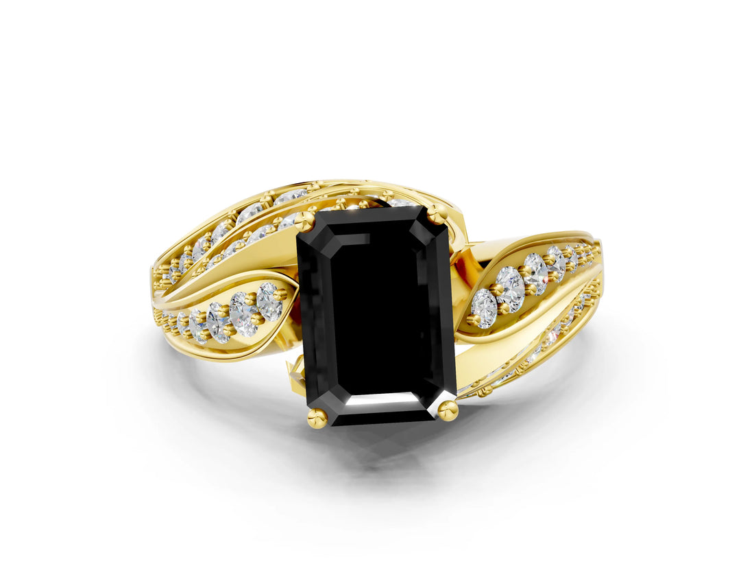 Yellow gold Fancy Black Emerald Cut Diamond Solitaire Ring with Prong Setting and Twisted Pavé Band