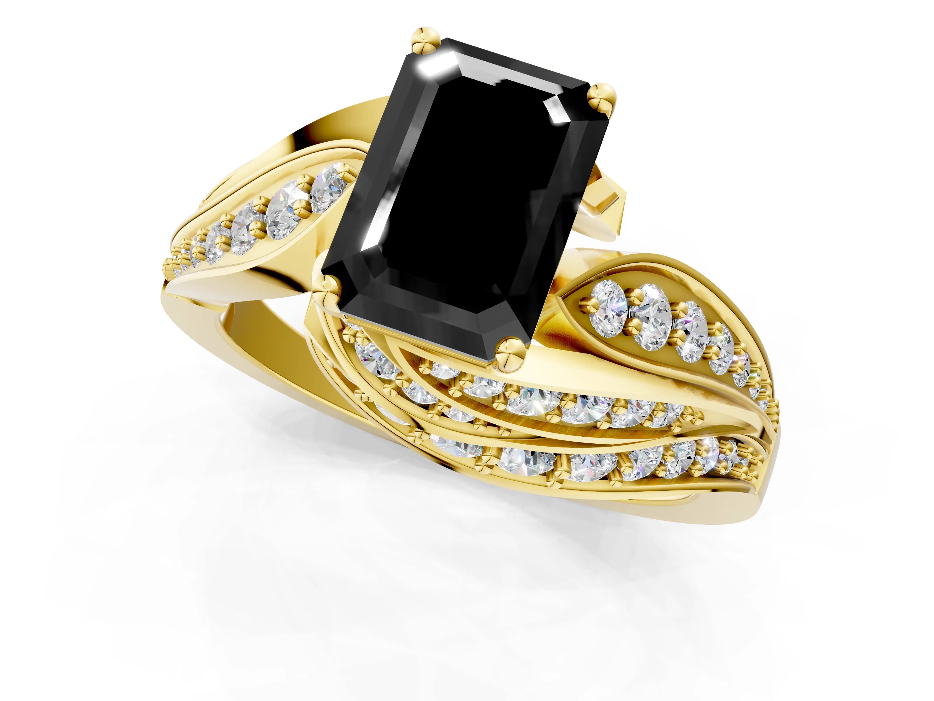 Yellow gold Fancy Black Emerald Cut Diamond Solitaire Ring with Prong Setting and Twisted Pavé Band_1