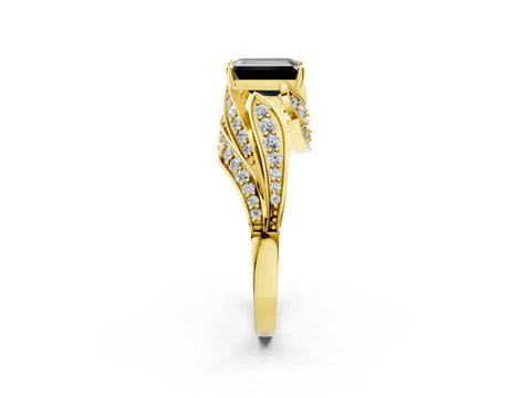 Yellow gold Fancy Black Emerald Cut Diamond Solitaire Ring with Prong Setting and Twisted Pavé Band_2