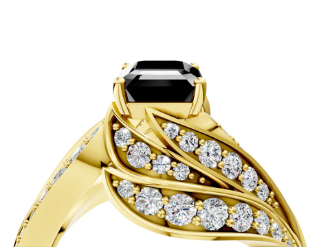 Yellow gold Fancy Black Emerald Cut Diamond Solitaire Ring with Prong Setting and Twisted Pavé Band_4