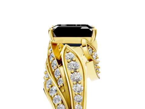 Yellow gold Fancy Black Emerald Cut Diamond Solitaire Ring with Prong Setting and Twisted Pavé Band_5