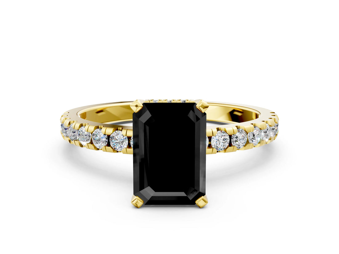 Yellow gold Fancy Black Emerald Cut Diamond Solitaire Ring with Round  Pavé Band and Four-Prong Setting_36