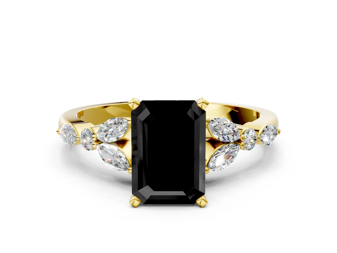 Yellow gold Fancy Black Emerald Cut Diamond Solitaire Ring with Side Stones and Four-Prong Setting_12