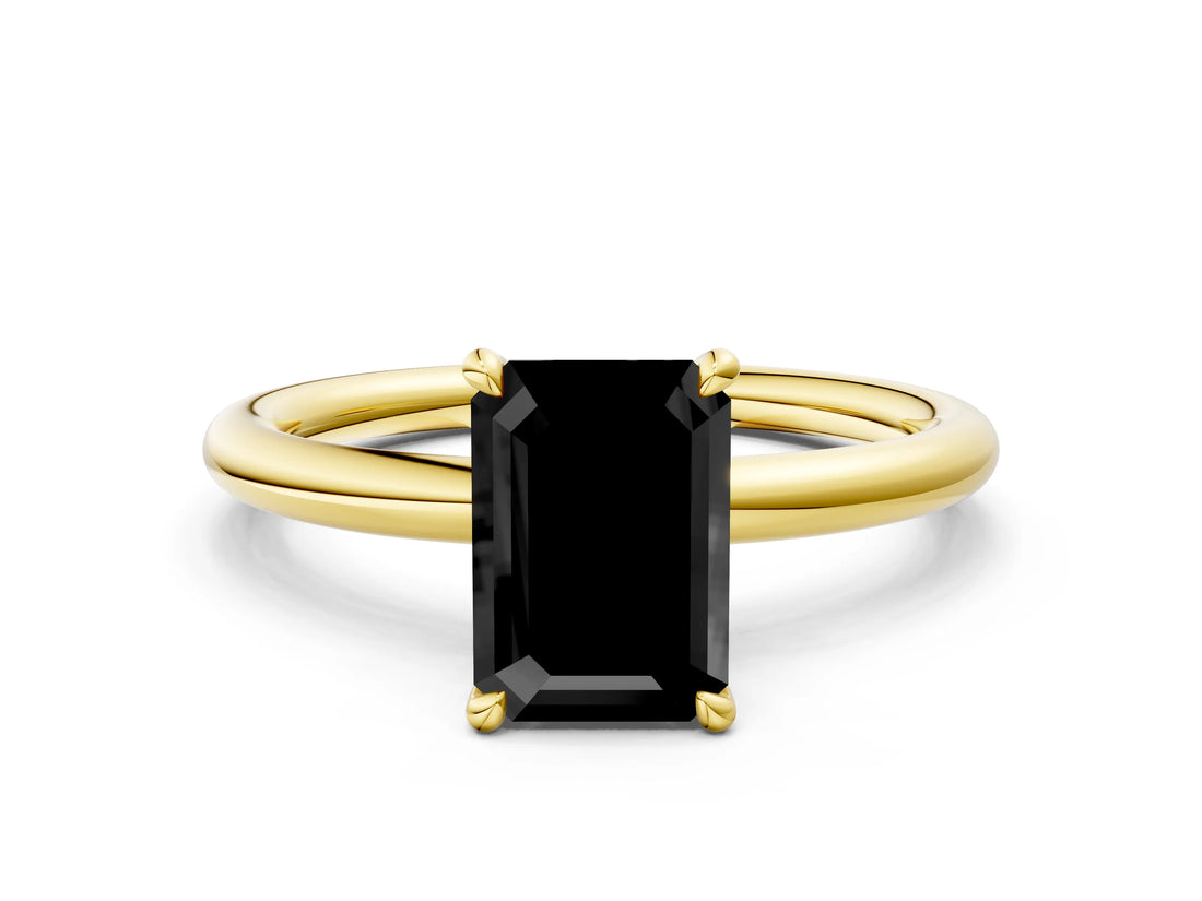 Yellow gold Fancy Black Emerald Cut Diamond Solitaire Ring with Thin Band and Four-Prong Setting