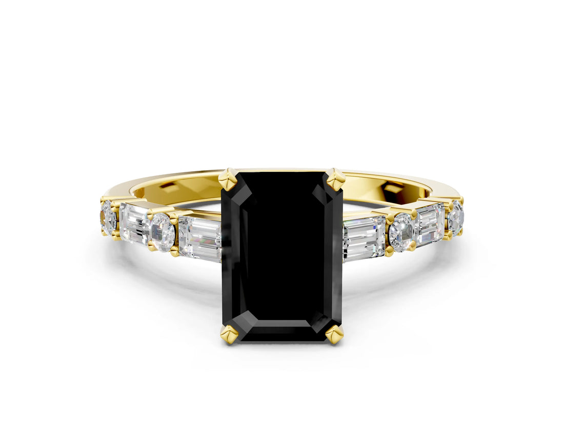 Yellow gold Fancy Black Emerald Cut Diamond Solitaire with Side Baguettes and Channel Set Band