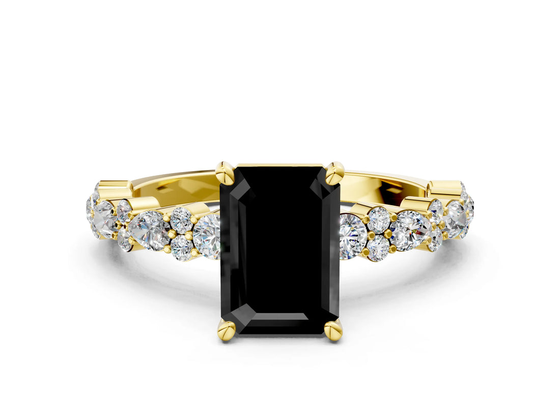 Yellow gold Fancy Black Emerald Cut Diamond Solitaire with Side Stones, Pave Band, Four-Prong Setting_24