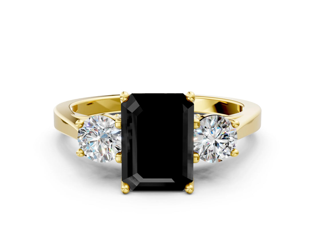 Yellow gold Fancy Black Emerald Cut Diamond Three-Stone Engagement Ring with Prong Setting and Pavé Band