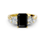 Yellow gold Fancy Black Emerald Cut Diamond Three-Stone Engagement Ring with Prong Setting and Pavé Band