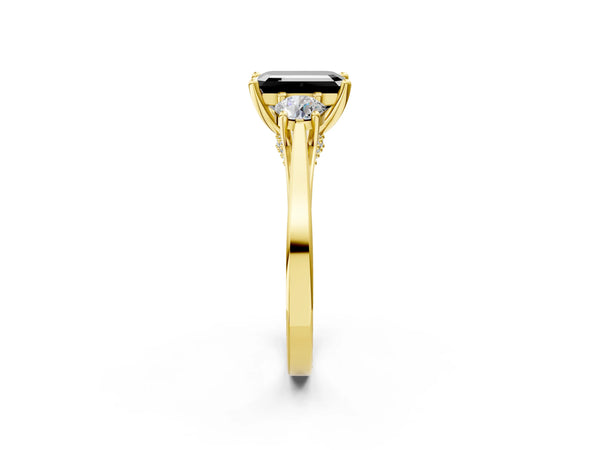 Yellow gold Fancy Black Emerald Cut Diamond Three-Stone Engagement Ring with Prong Setting and Pavé Band