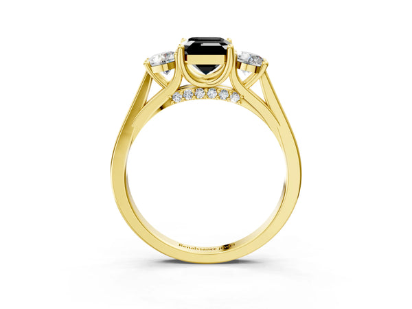 Yellow gold Fancy Black Emerald Cut Diamond Three-Stone Engagement Ring with Prong Setting and Pavé Band