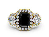Yellow gold Fancy Black Emerald Cut Diamond Three-Stone Halo Ring with Prong Setting and Pavé Accents