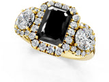 Yellow gold Fancy Black Emerald Cut Diamond Three-Stone Halo Ring with Prong Setting and Pavé Accents_1